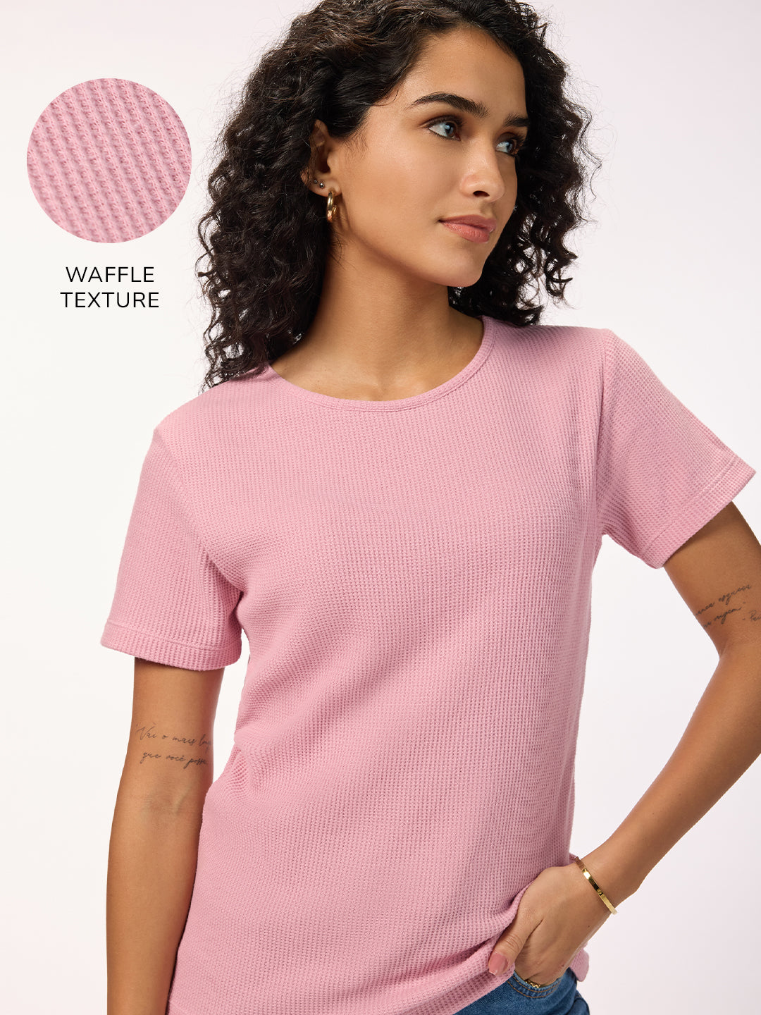 Women's Blush Pink Premium Cotton Blend Waffle Regular Fit T-shirt