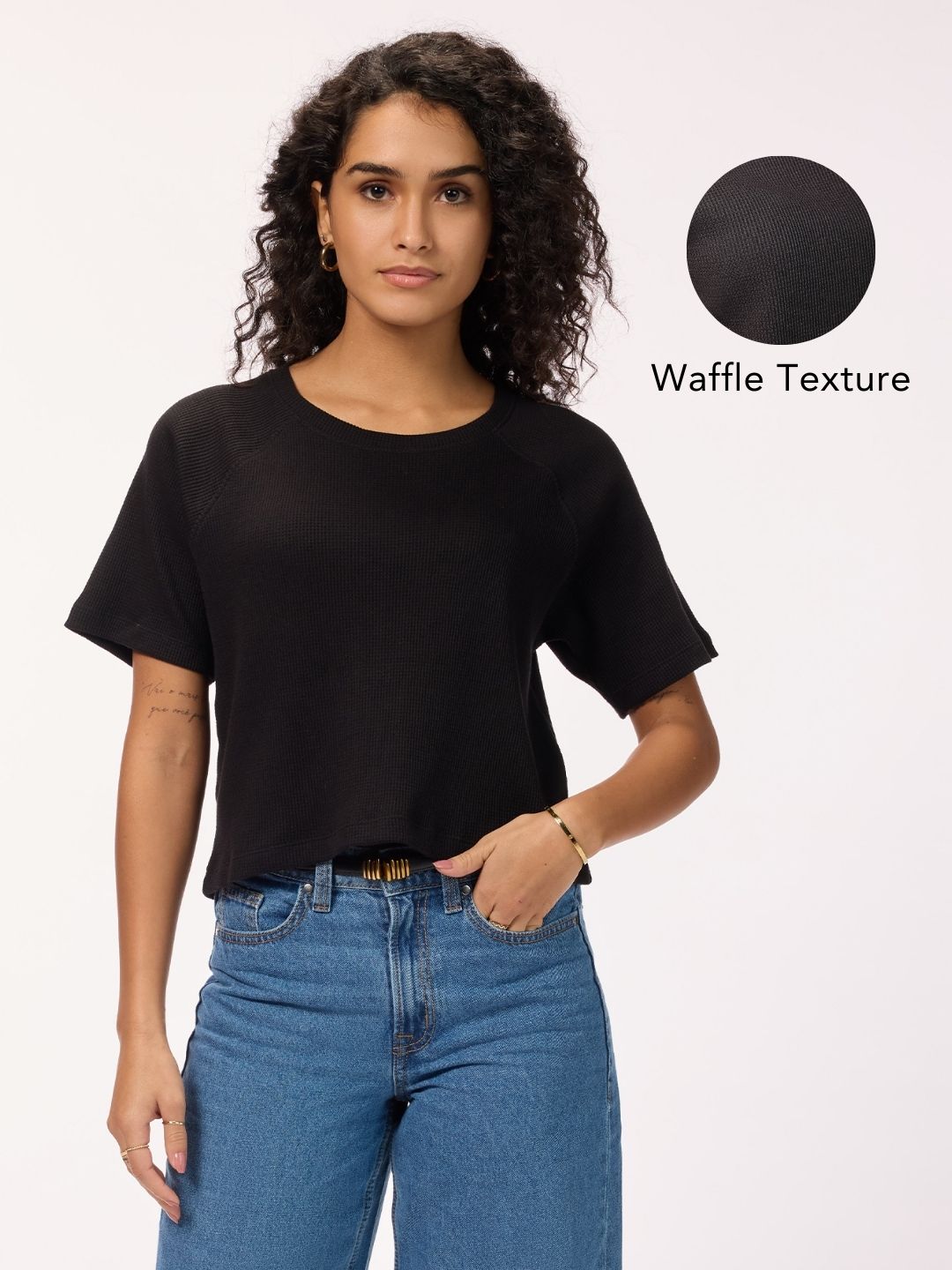 Women's Black Premium Cotton Blend Waffle Boxy Fit T-shirt