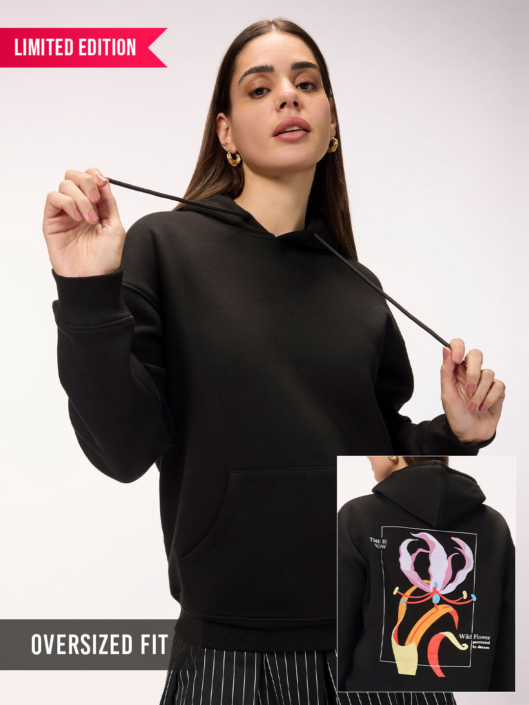 Women's 'Wildflower' Graphic Black Oversized Fleece Hoodie with Pockets