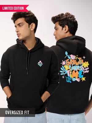 Men's 'Growth Takes Time' Graphic Black Oversized Fleece Hoodie with Pockets