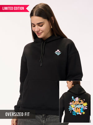 Women's 'Growth Takes Time' Graphic Black Oversized Fleece Hoodie with Pockets