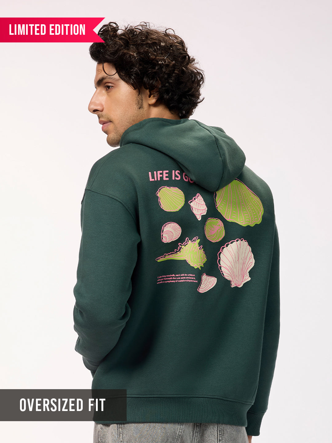 Men's 'Life is Good' Graphic Jungle Green Oversized Fleece Hoodie with Pockets