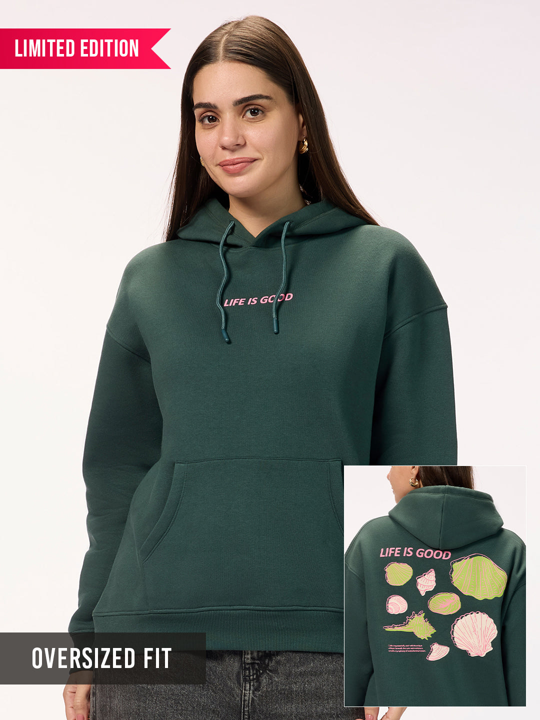 Women's 'Life is Good' Graphic Jungle Green Oversized Fleece Hoodie with Pockets