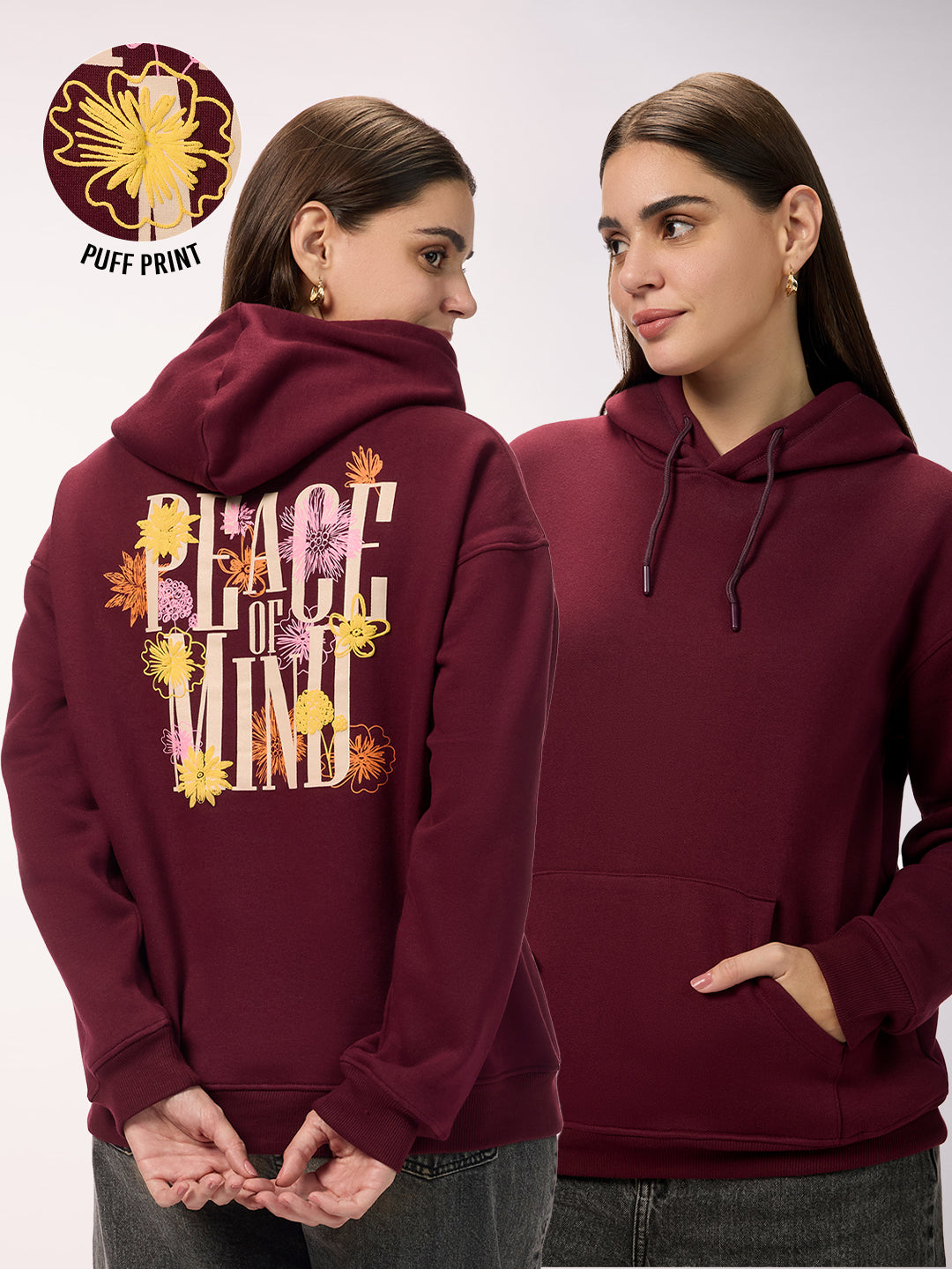 Women's 'Peace of Mind' Graphic Maroon Oversized Fleece Hoodie with Pockets