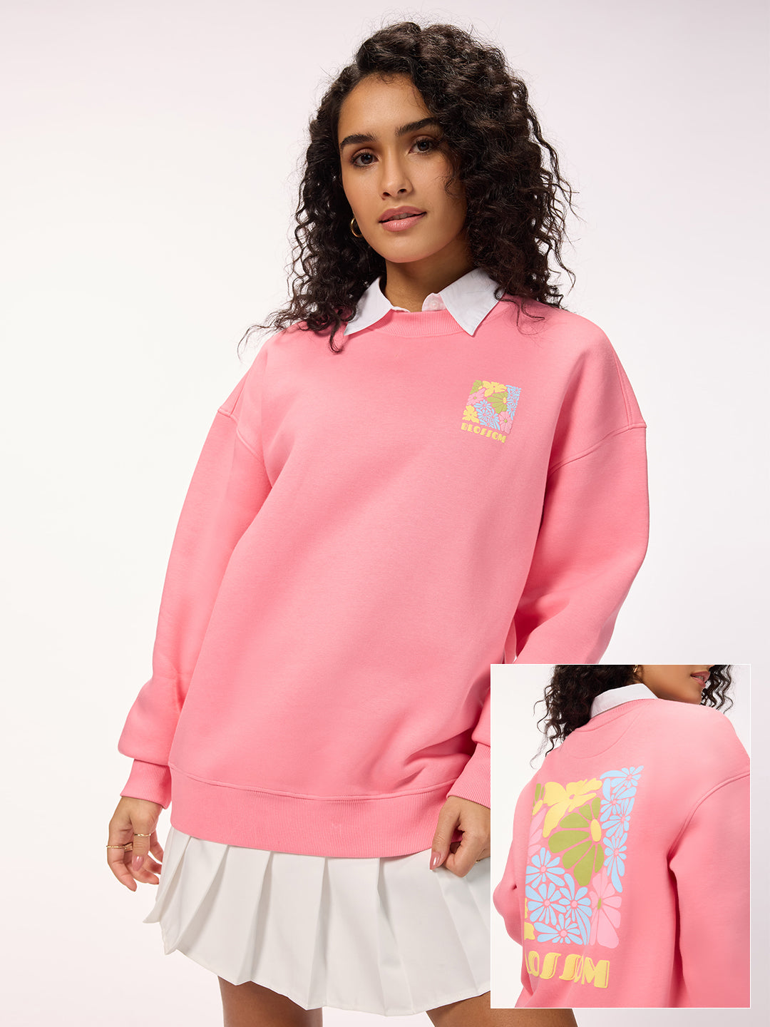 Women's 'Blossom' Graphic Pink Oversized Fleece Sweatshirt