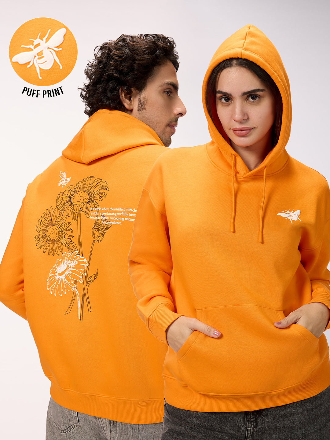 Unisex 'Encased in Wonder' Graphic Orange Oversized Fleece Hoodie with Pockets