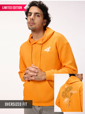 Men's 'Encased in Wonder' Graphic Orange Oversized Fleece Hoodie with Pockets