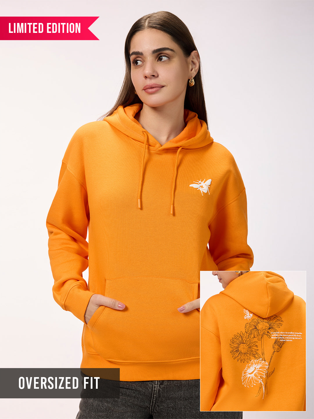 Women's 'Encased in Wonder' Graphic Orange Oversized Fleece Hoodie with Pockets