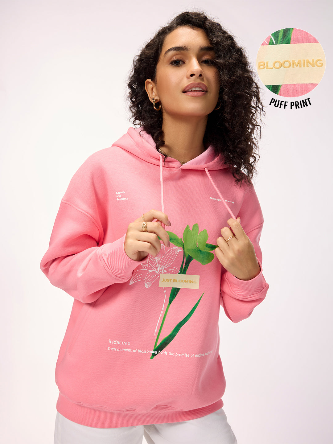 Women's 'Just Blooming' Graphic Pink Oversized Fleece Hoodie with Pockets