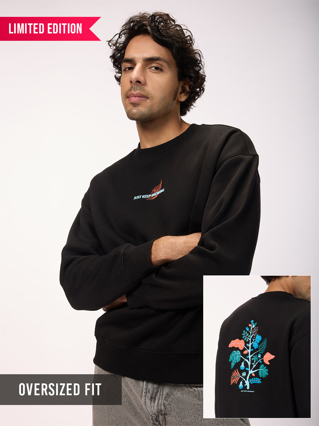 Men's 'Just Keep Growing' Graphic Black Oversized Fleece Sweatshirt