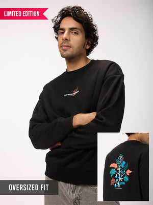 Men's 'Just Keep Growing' Graphic Black Oversized Fleece Sweatshirt