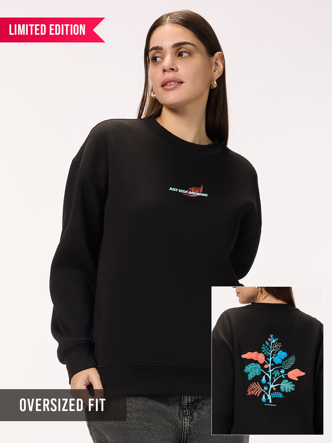 Women's 'Just Keep Growing' Graphic Black Oversized Fleece Sweatshirt