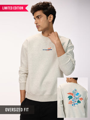 Men's 'Just Keep Growing' Graphic Grey Melange Oversized Fleece Sweatshirt