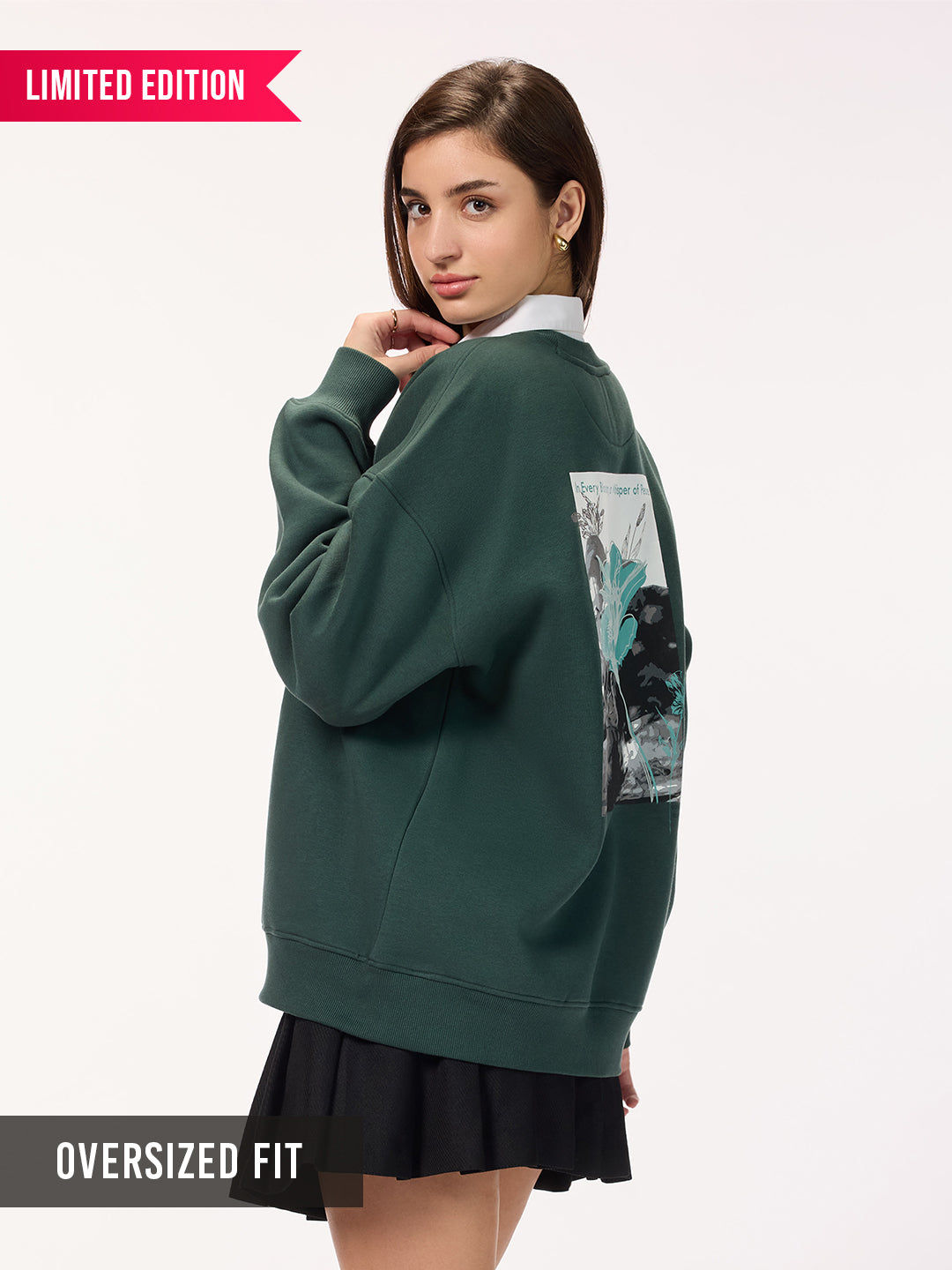 Women's 'Whisper of Peace' Graphic Jungle Green Oversized Fleece Sweatshirt