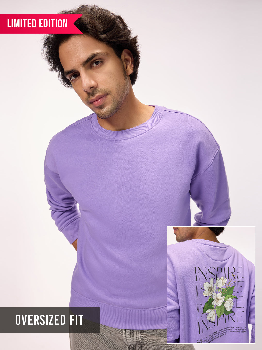 Men's 'Inspire' Graphic Lavender Oversized Fleece Sweatshirt