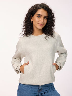 Women's Grey Melange Fleece Regular Fit Panelled Sweatshirt