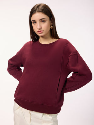 Women's Maroon Fleece Regular Fit Panelled Sweatshirt