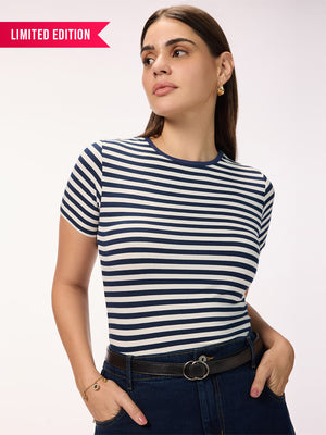 Women's Navy & White Viscose Lycra Regular Fit T-Shirt