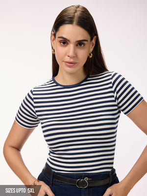 Women's Navy & White Viscose Lycra Regular Fit T-Shirt