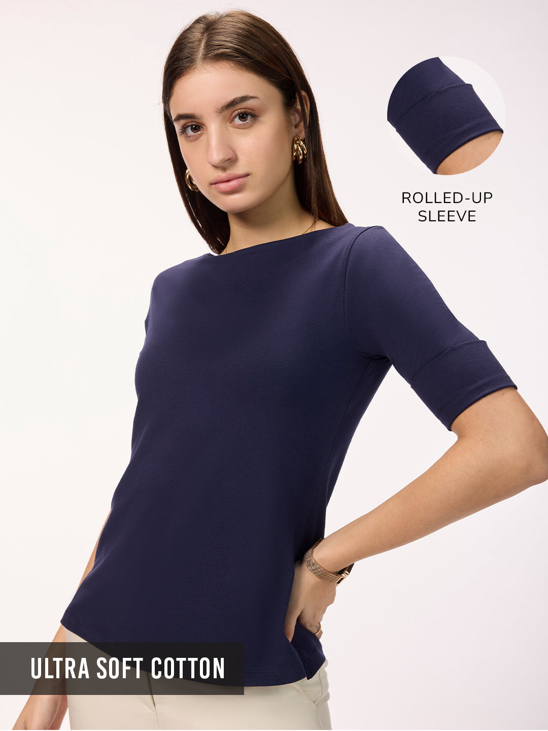 Women's Mystic Navy Premium Cotton Lycra Regular Fit Roll-up Sleeve Top