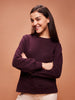 Women's Maroon Premium Cotton Blend Solid Knit Sweatshirt