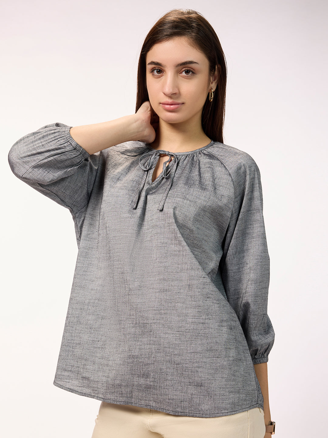 Women's Charcoal Grey Oversized Tie-up Neck Chambray Top