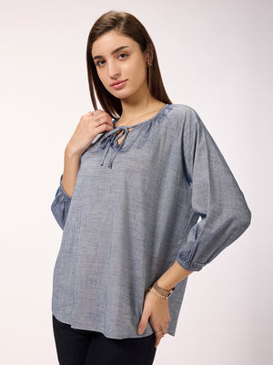 Women's Vintage Demin Blue Oversized Tie-up Neck Chambray Top