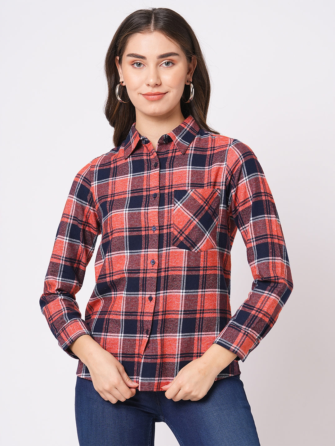 Women's Tangerine Orange Chequered Regular Fit Full Sleeves Shirt