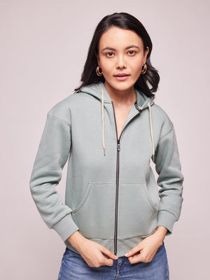 Women's Solid Sage Green Knit Hoodie Jacket