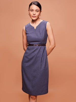 Women's Textured Navy Blue Fitted Dress