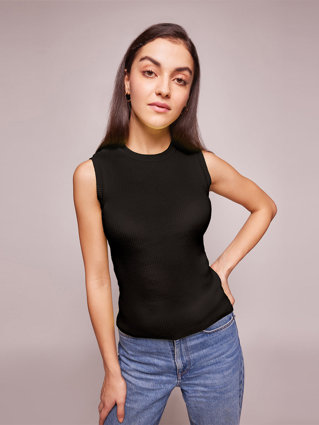 Women's Premium Cotton Ribbed Knit Tank Top-Black