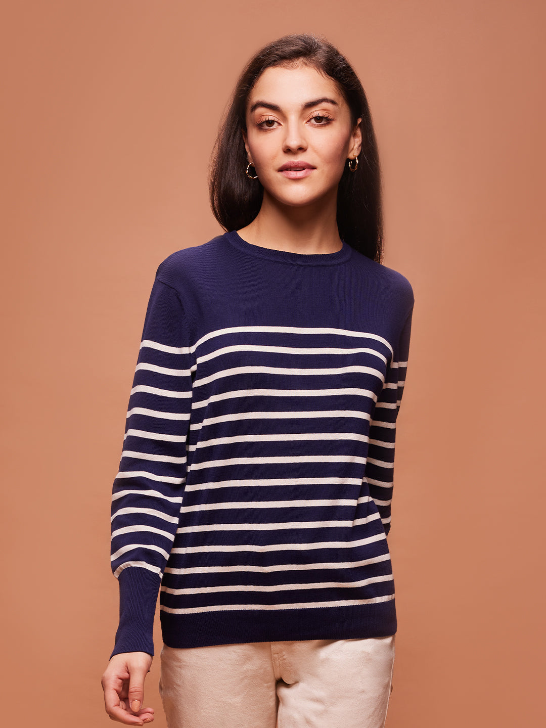 Women's Premium Cotton Full Sleeve Striped Navy Pullover