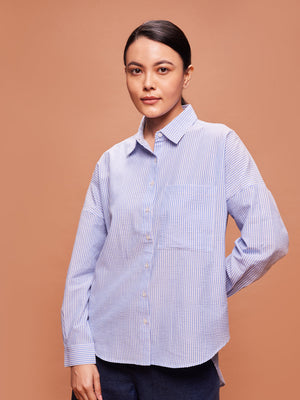 Women's Blue Oversized High- Low Hem Striped Shirt