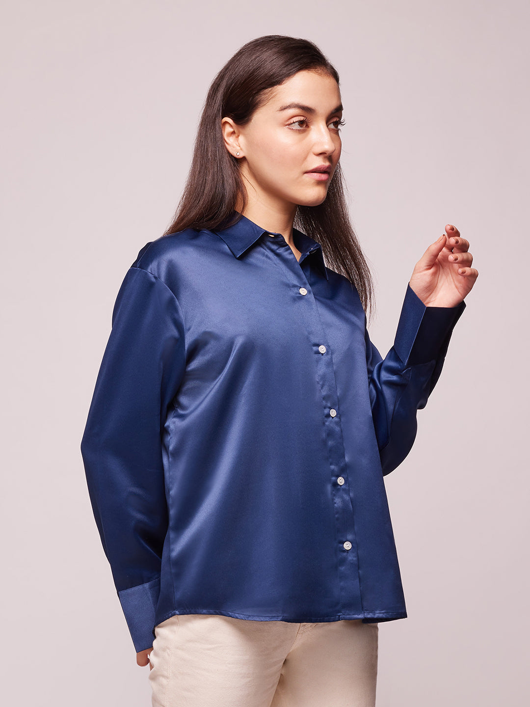 Women's Prussian Blue Solid Satin Shirt