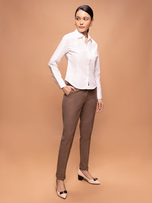 Women's Bright White Solid Premium Cotton Slim Fit Shirt