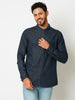 Men's Slim Fit Pure Cotton Dark Indigo Band Collar Denim Shirt