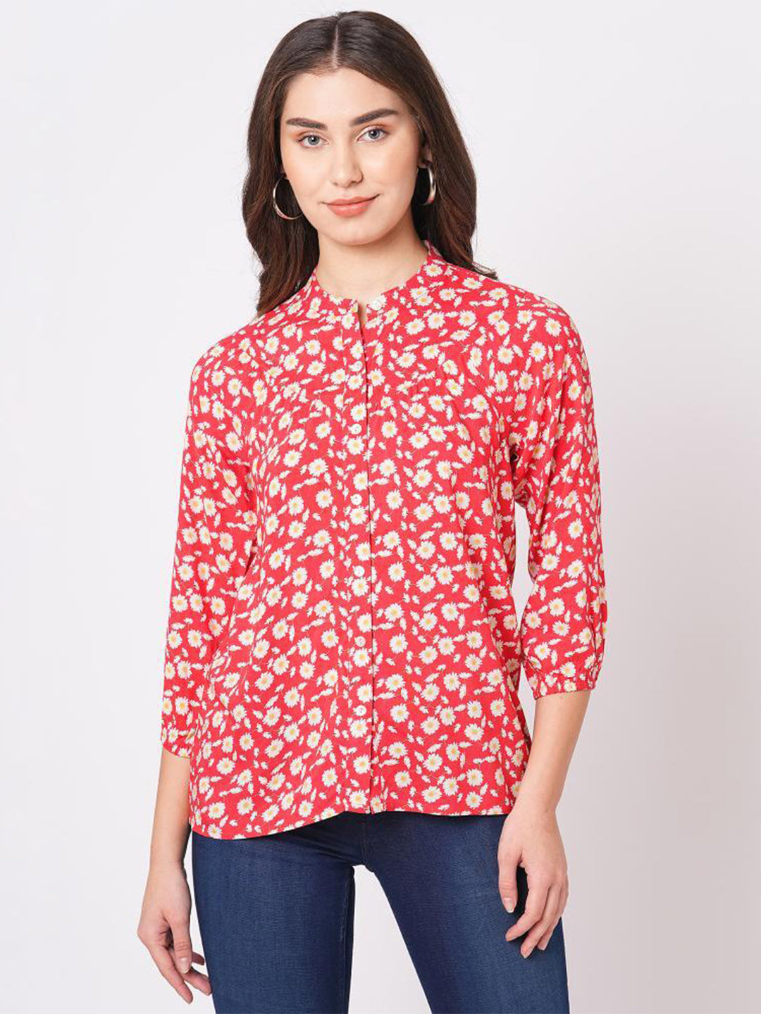 Women's Floral Print Premium Viscose Band Collar Puffed Sleeve Shirt