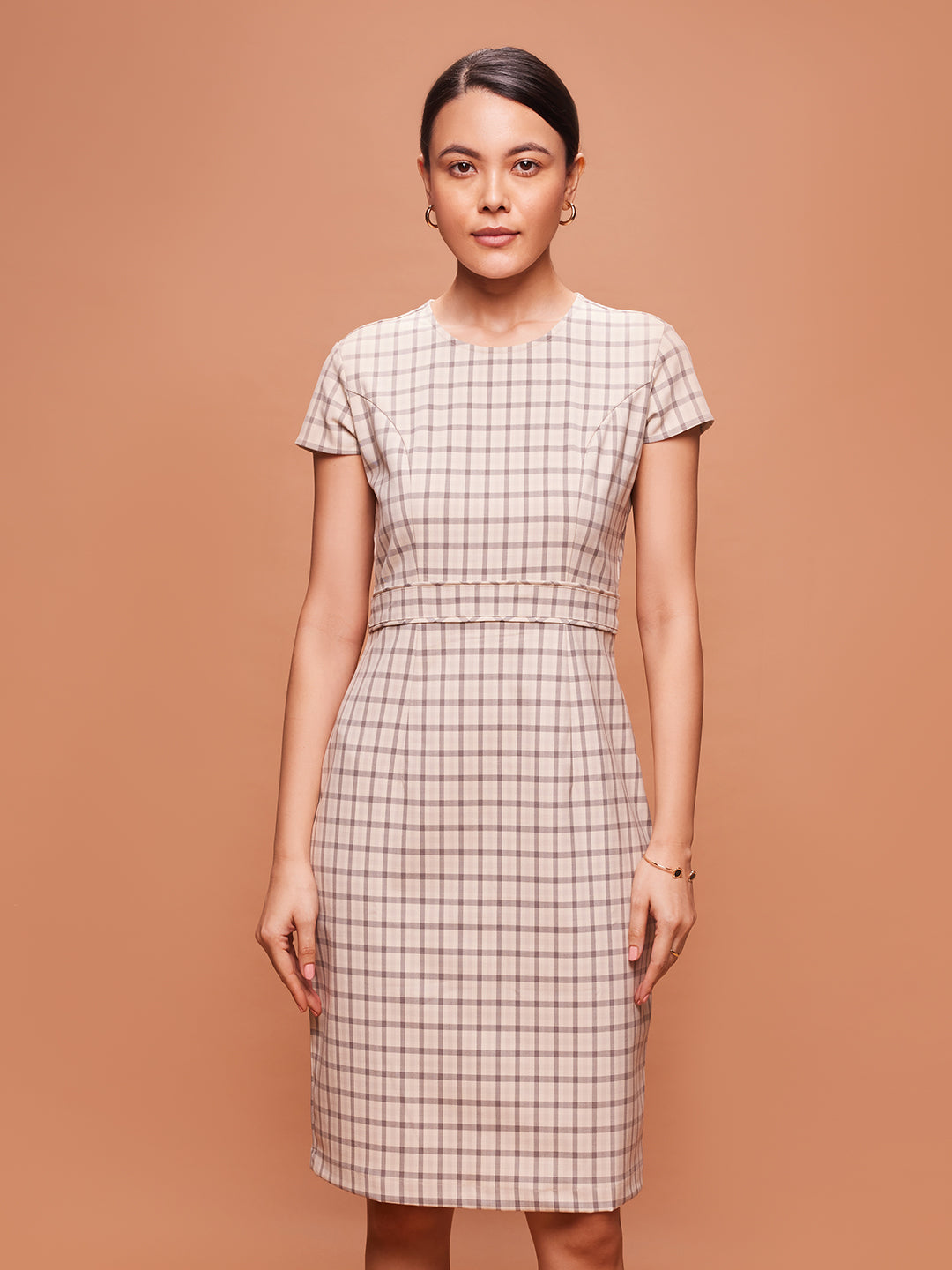 Women's Chequered Beige Fitted Dress