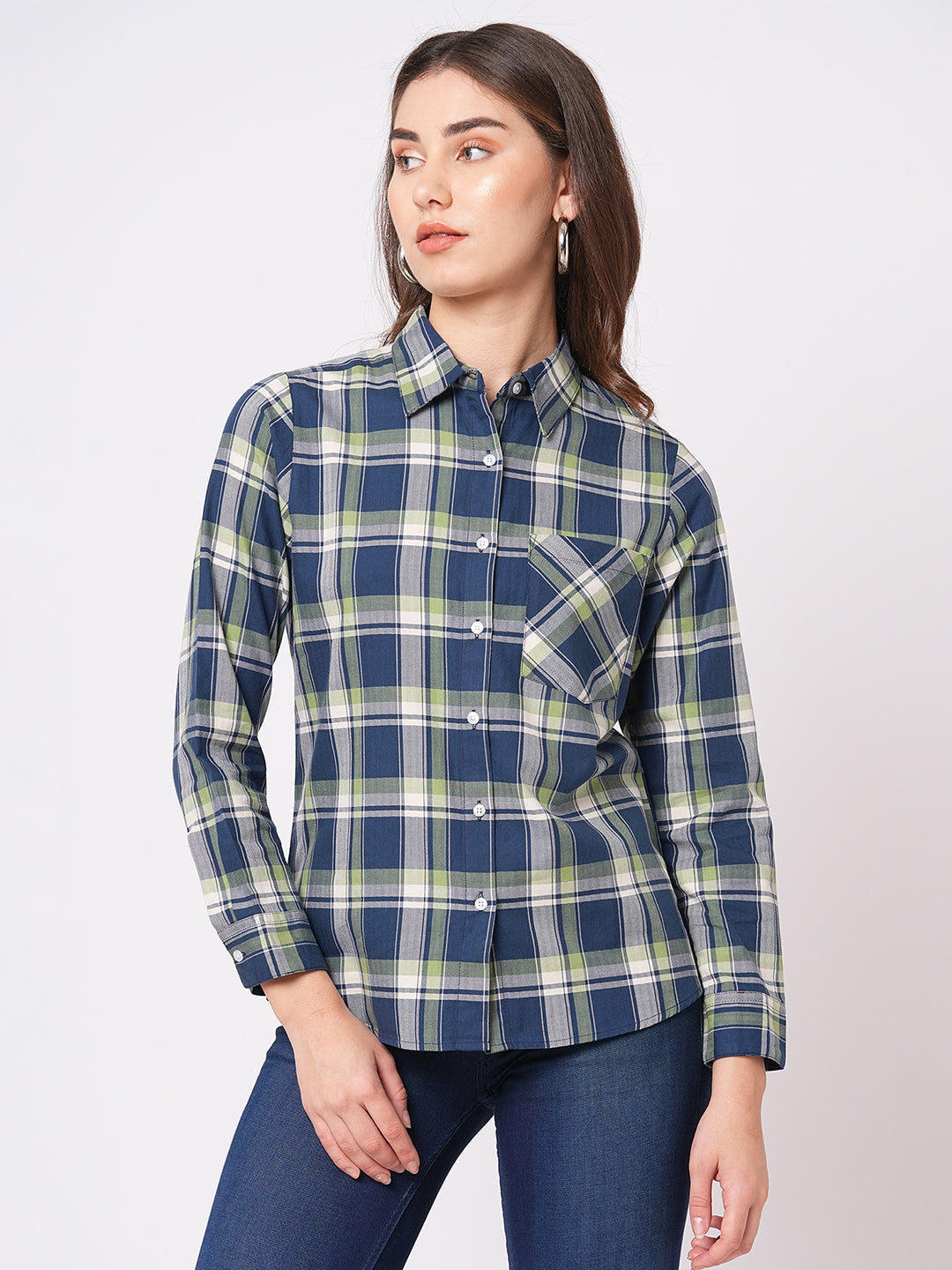 Women's Dark Blue Chequered Regular Fit Full Sleeves Shirt