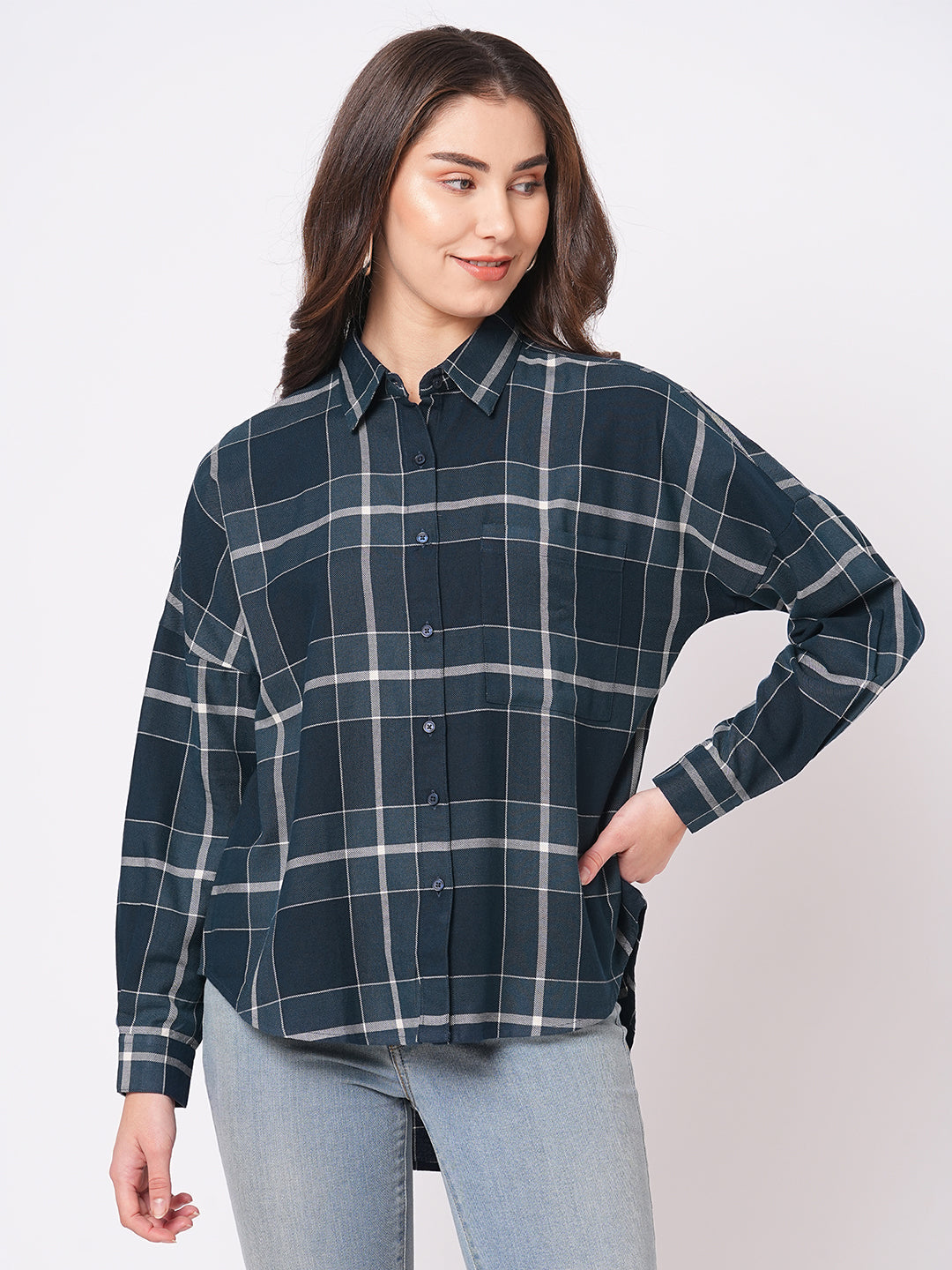 Women's Oversized High- Low Hem Navy Blue Checks Shirt