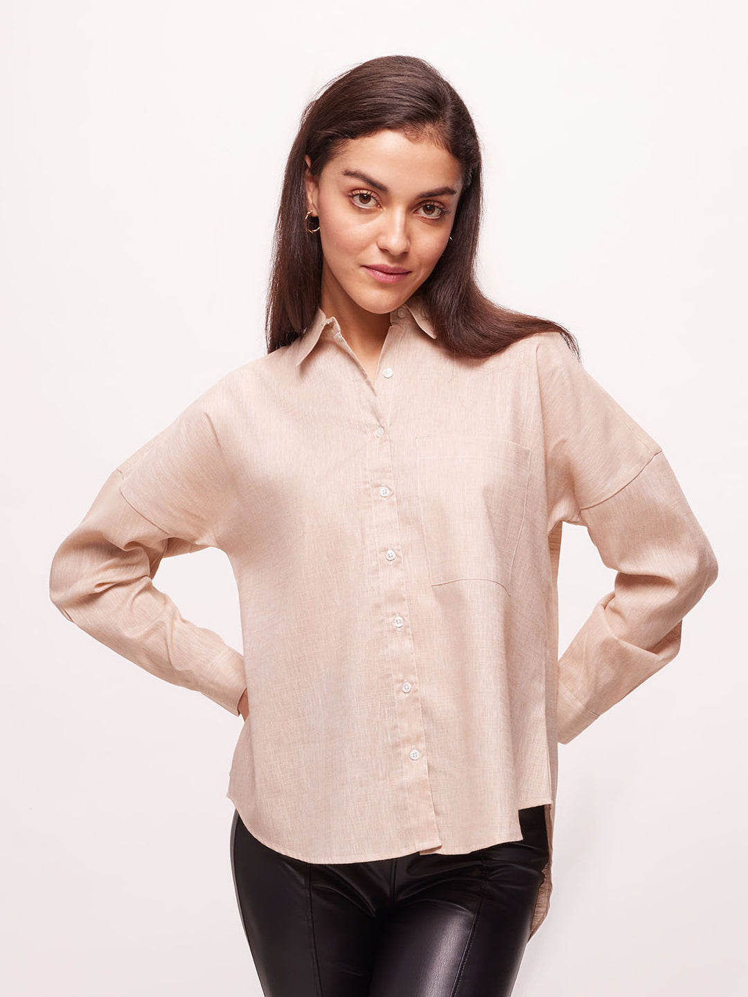 Women's Beige Oversized High-Low Hem Solid Shirt