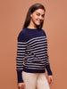 Women's Premium Cotton Full Sleeve Striped Navy Pullover