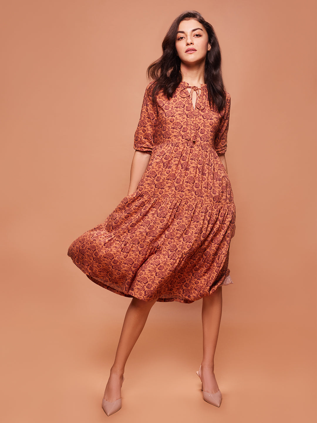 Women's Coco Brown Floral Print Premium Viscose Midi Length Dress