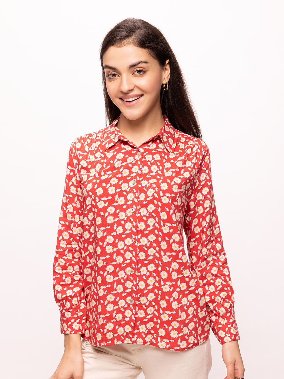 Women's Cherry Red Full Sleeves Floral Print Relaxed Fit Shirt