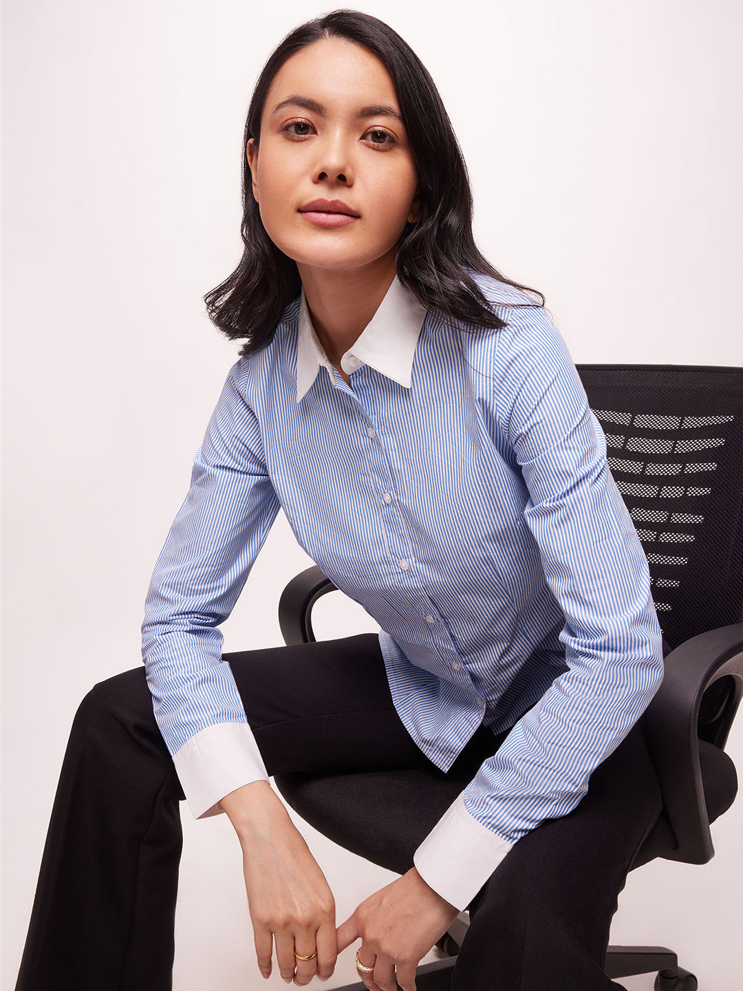 Women's Blue Color Block Collar Banker Shirt