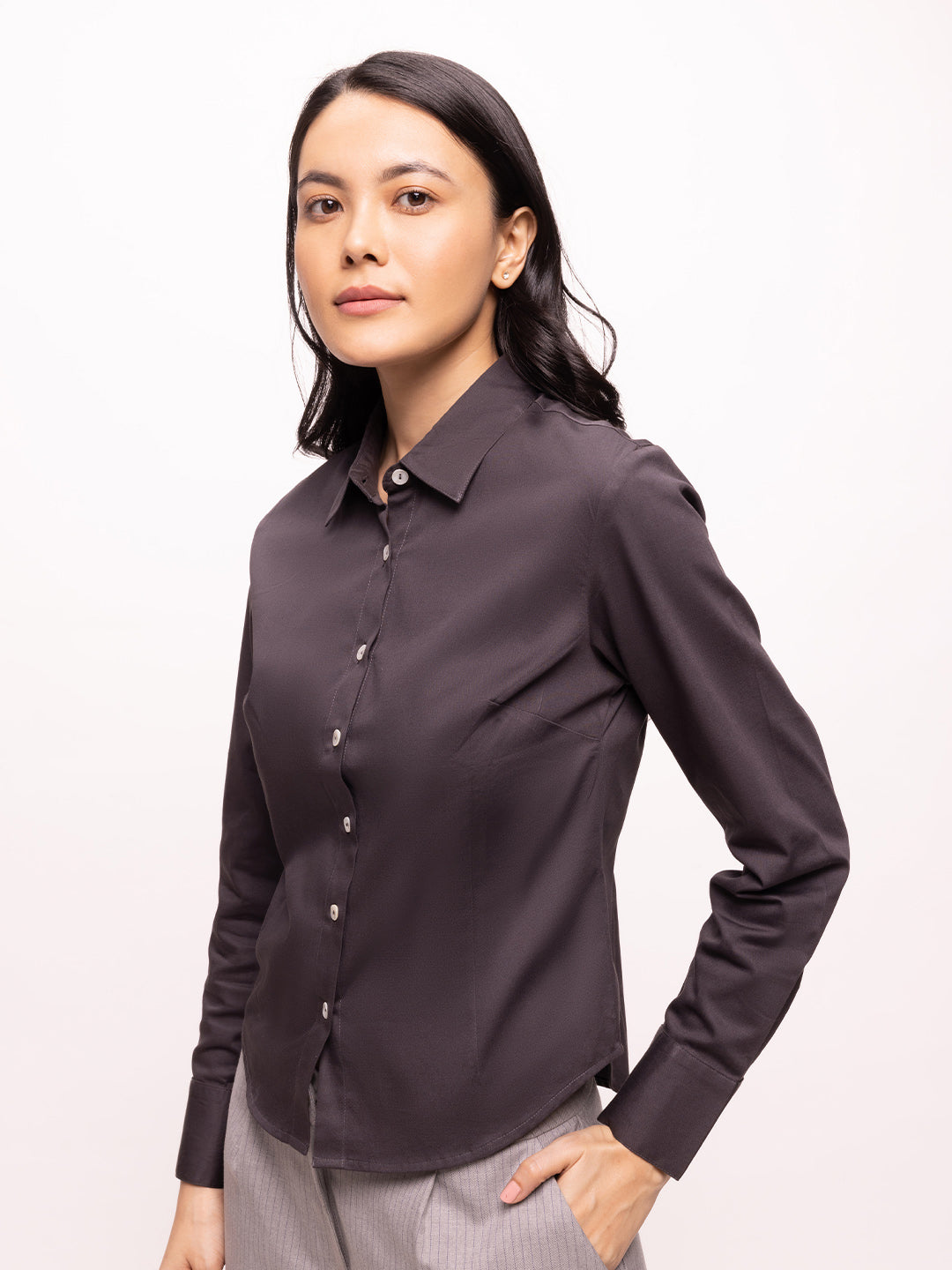 Women's Black Olive Solid Premium Cotton Slim Fit Shirt