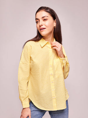 Women's Oversized Yellow High-Low Hem Checks Shirt