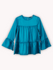 Women's Teal Blue Round Neck Bell Sleeves Tiered Top