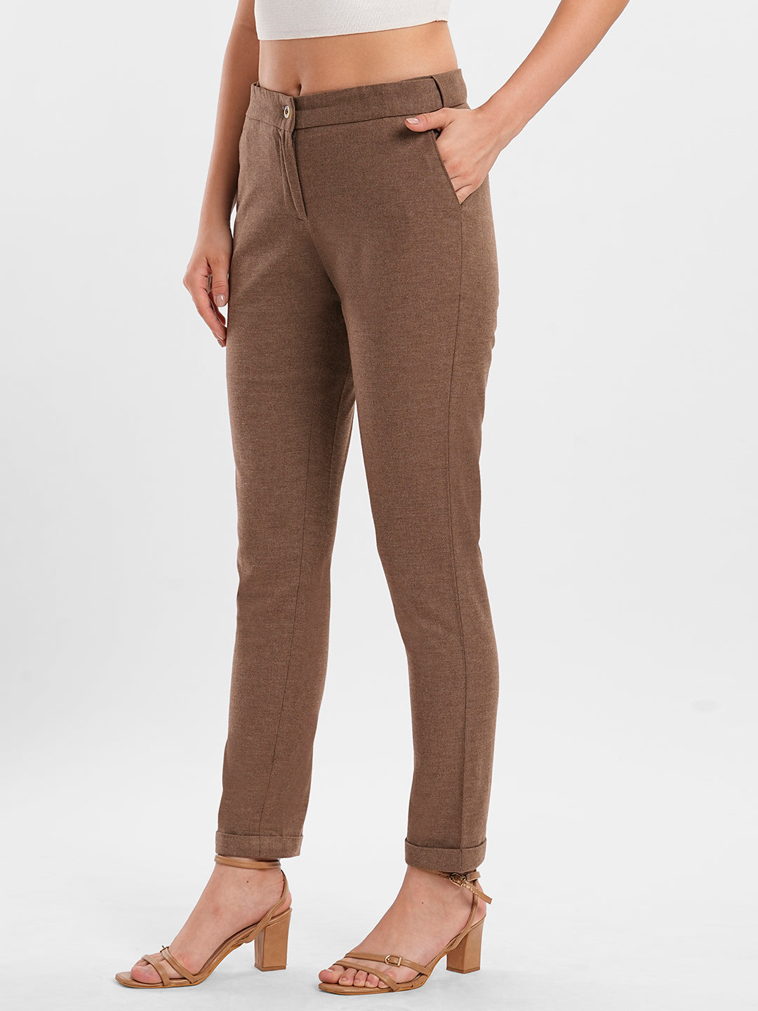 Women's Sand Brown Straight Fit Tapered Trousers