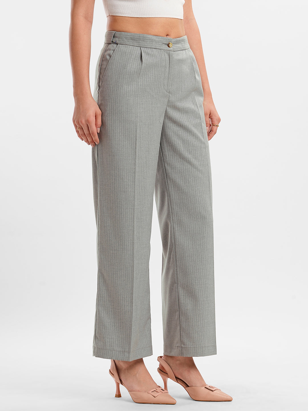 Women's Pearl Grey Striped Wideleg Trousers